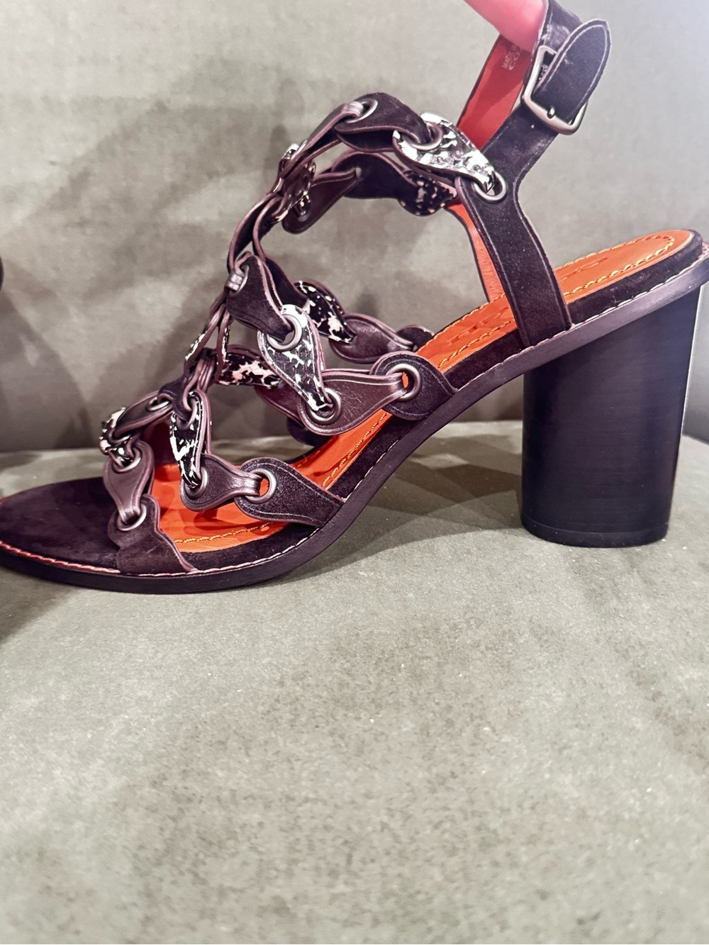 New Coach MH Sandal CLL MXM Black White Gunmetal Leather Block Heel Sandals 9
